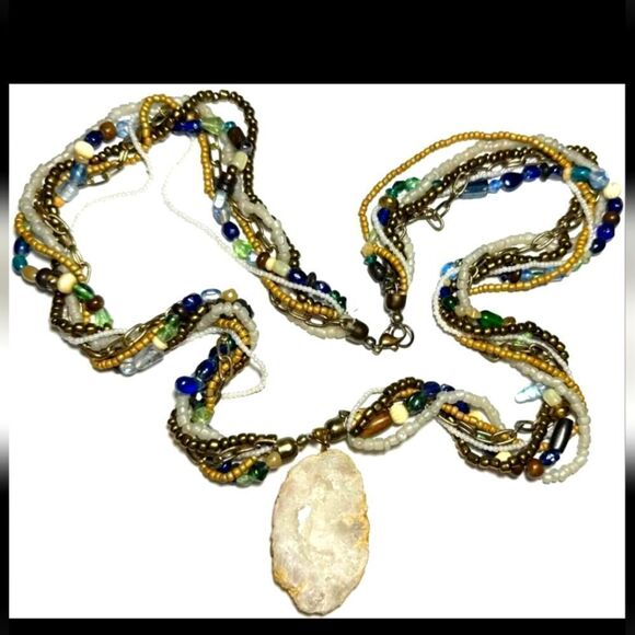 Jewelry - Vintage Necklace Multi Strand Seed Bead Agate Slice Crystal White 31"